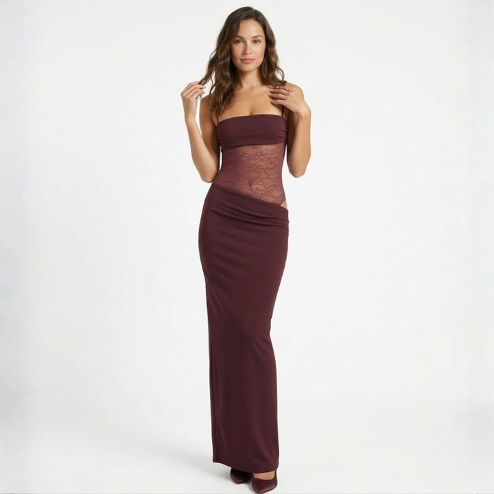 Evening Maxi Dress Lace Bodice Strap Detail Fitted Elegant Style