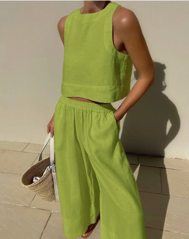Two Piece Set Sleeveless Top Wide Leg Trousers Relaxed Summer Style