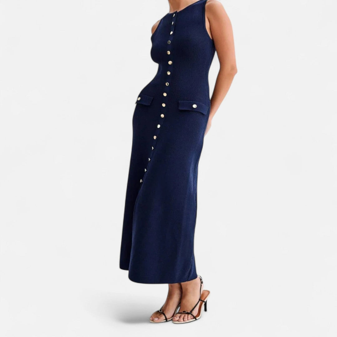 Knit Maxi Dress Button Detail Sleeveless Elegant Summer Style