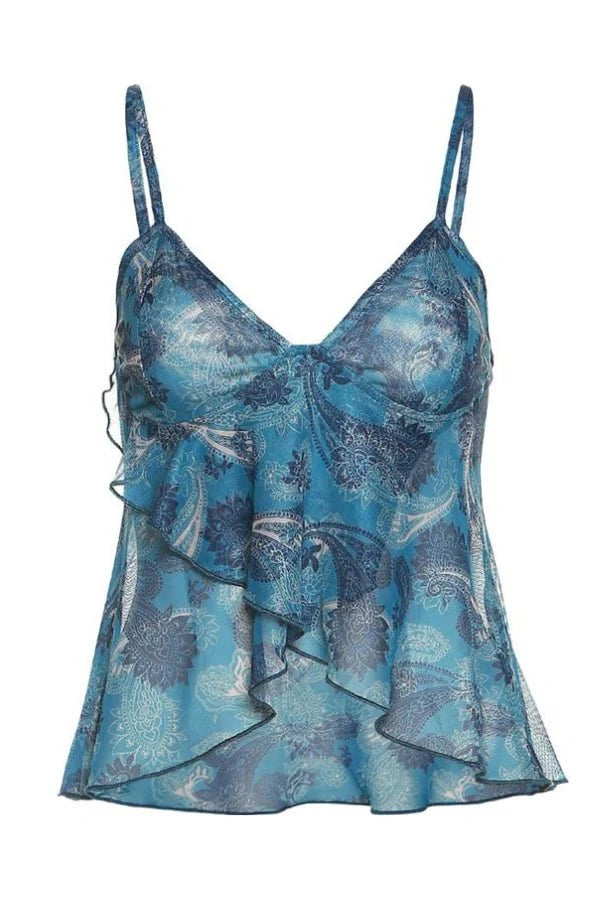 Draped Crop Top Paisley Print Chiffon Boho Blue Elegant Style