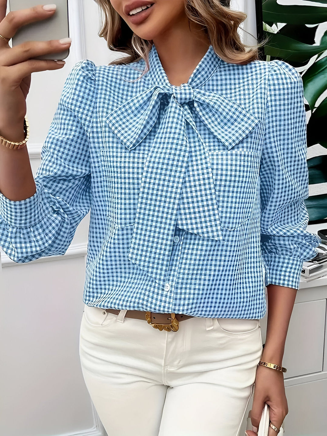 Blouse Bow Tie Neck Long Sleeve Relaxed Fit Casual Style