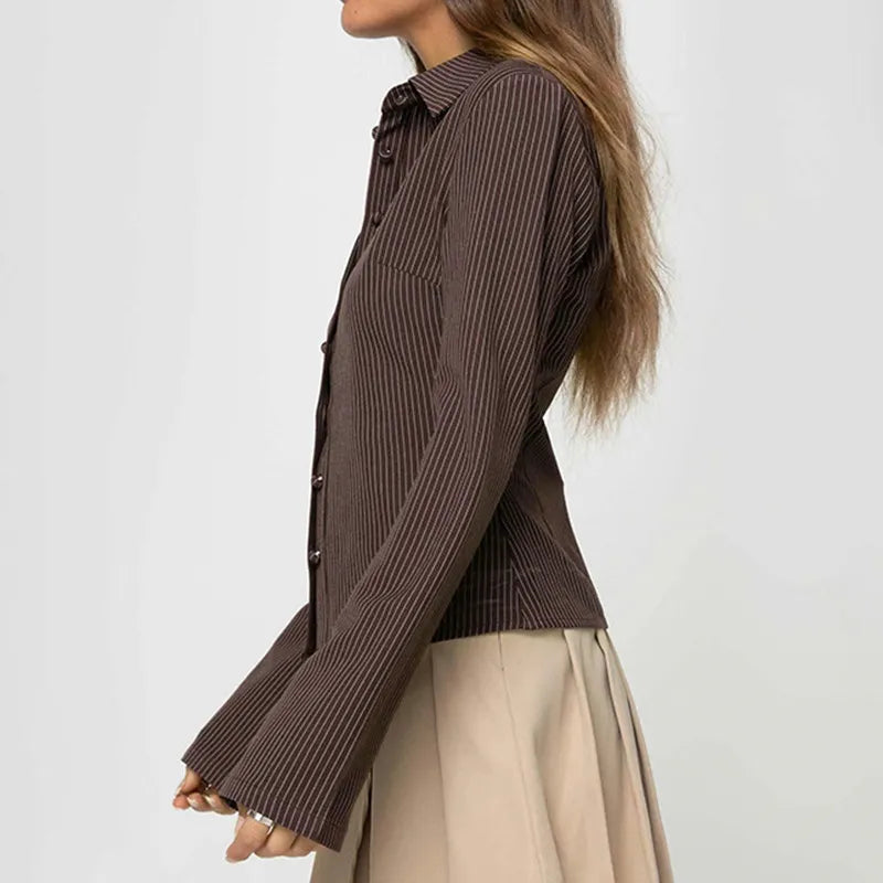 Blouse Pinstripe Button Up Flared Sleeve Retro Style