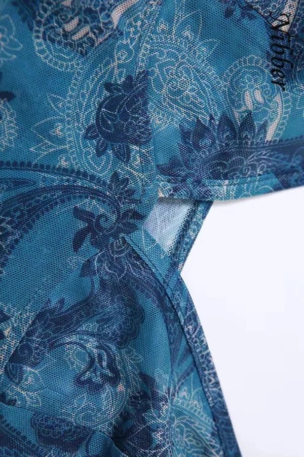 Draped Crop Top Paisley Print Chiffon Boho Blue Elegant Style