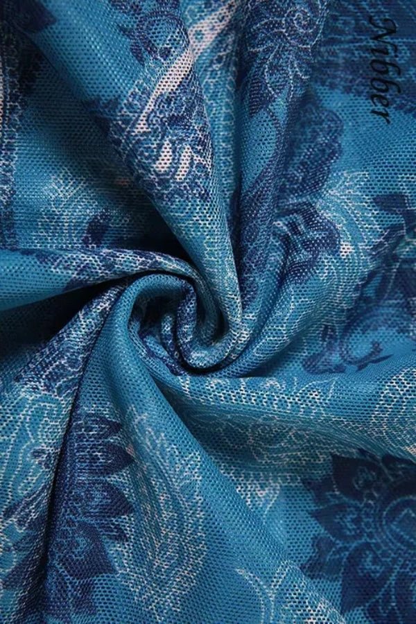 Draped Crop Top Paisley Print Chiffon Boho Blue Elegant Style