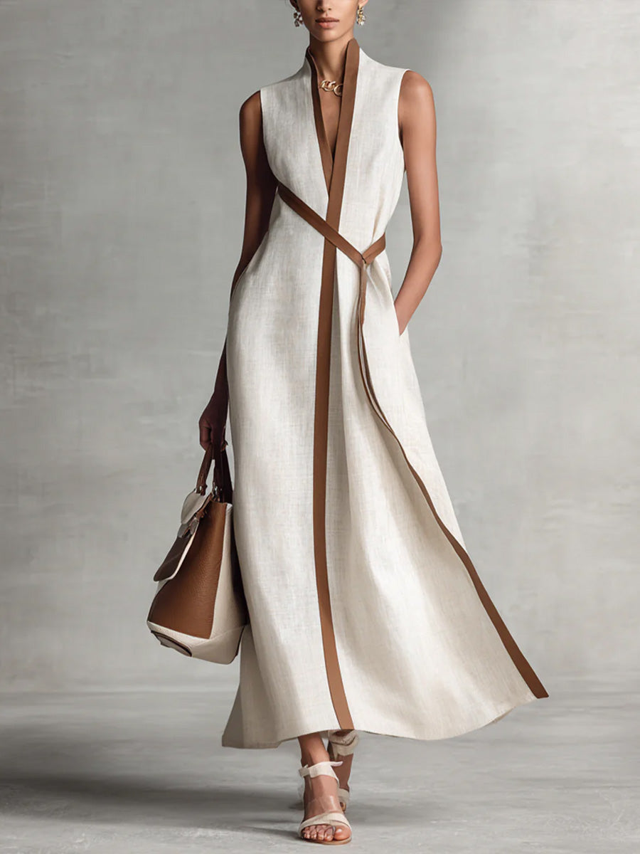 Sleeveless Midi Dress Contrast Trim V Neck Belt for Women