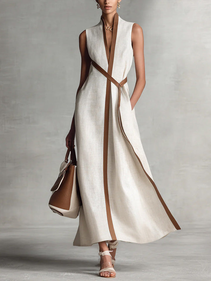 Sleeveless Midi Dress Contrast Trim V Neck Belt for Women