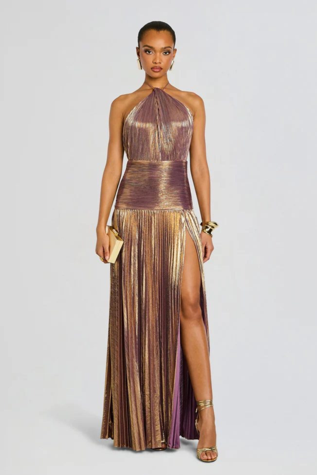 Long Halter Neck Dress for Women with Pleated Skirt and Open Back