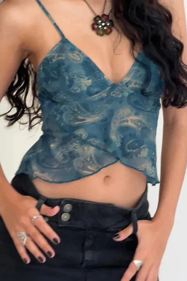 Draped Crop Top Paisley Print Chiffon Boho Blue Elegant Style