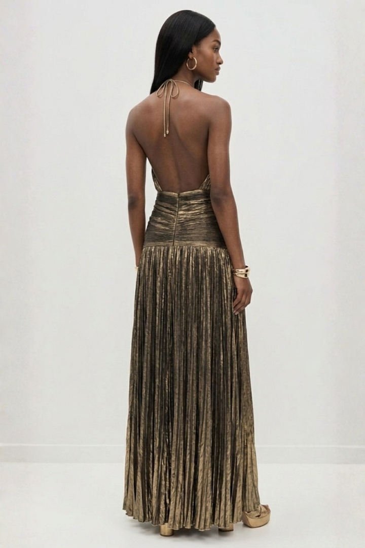 Long Halter Neck Dress for Women with Pleated Skirt and Open Back