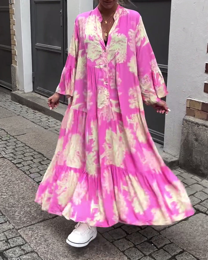 Maxi Dress Print Flounce Sleeves Stand Collar Stylish Airy