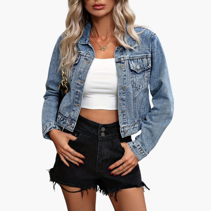Womens Denim Jacket with Collared Neck Button Front and Chest Pockets