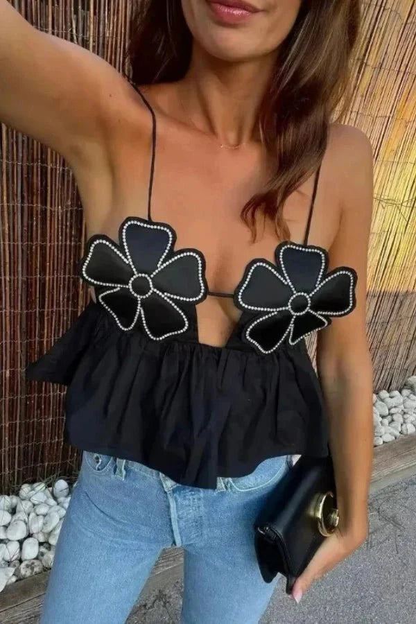 Off Shoulder Corset Top Floral Appliqué Backless Elegant Party Style