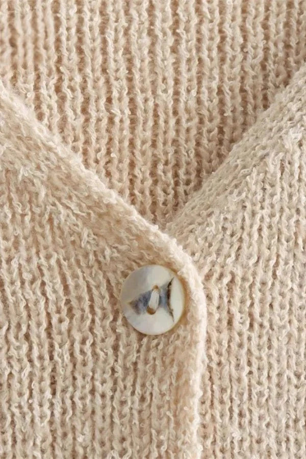 Sleeveless Knit Vest Button Front V Neck Beige Elegant Casual Style