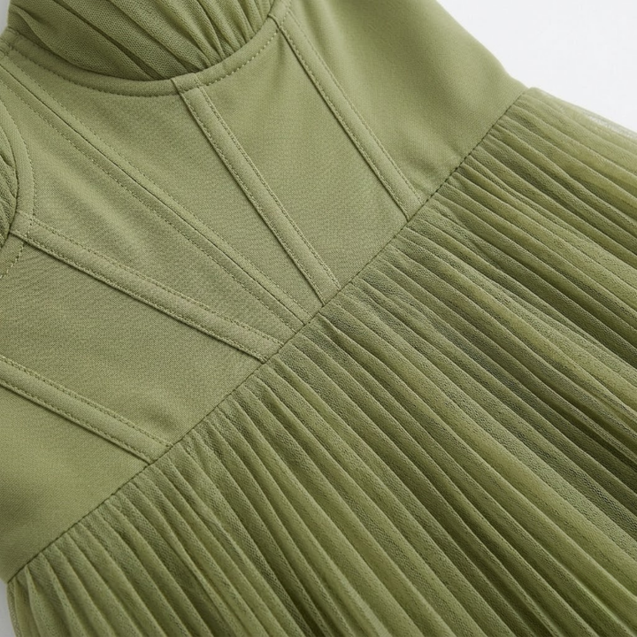 Pleated Evening Dress Strapless Bustier Back Zip Elegant Maxi Style