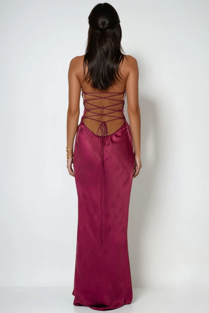 Long Dress Halter Neck Embellished Lace Back Straight Cut for Women