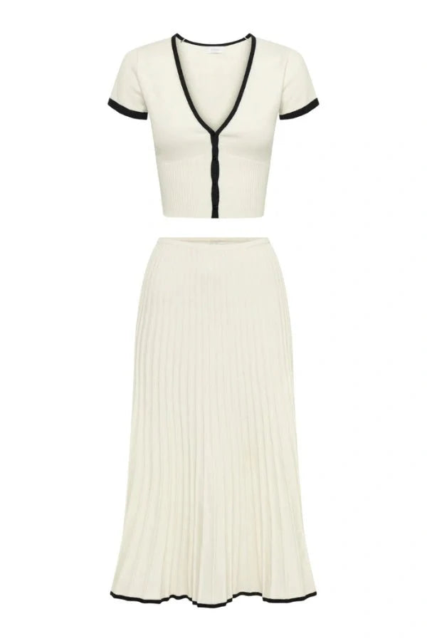 Two Piece Set V Neck Top Pleated Midi Skirt Elegant Style