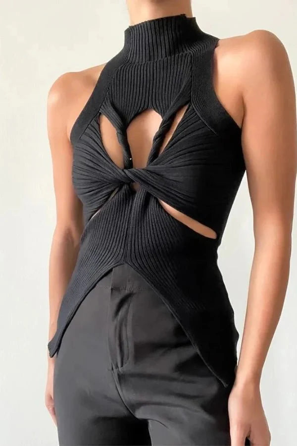 Sleeveless Top Cut Out Halter Neck Sculpted Fit Elegant Statement Style
