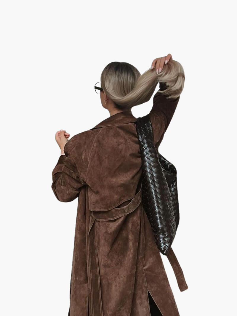 Womens Suede Trench Coat with Belted Waist and Notch Lapels