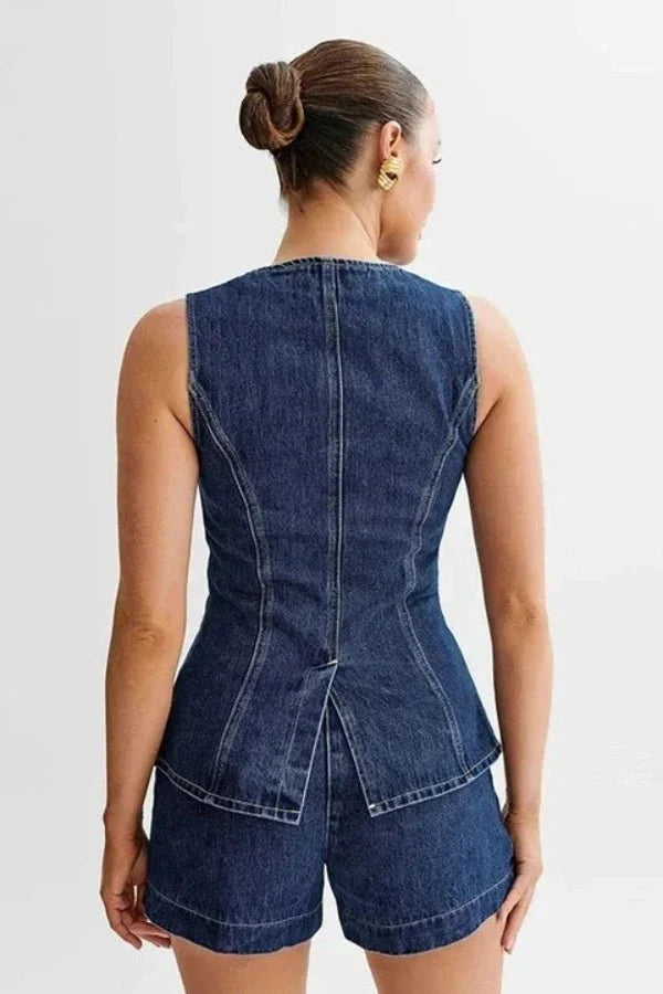 Two Piece Denim Vest and Shorts Set – Casual Chic Summer Style