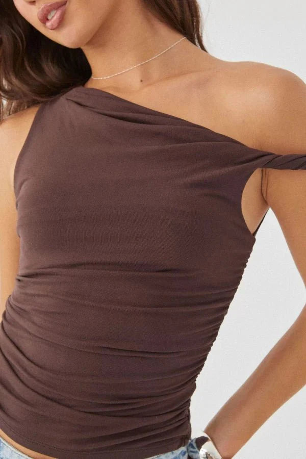 Top One Shoulder Ruched Asymmetric Fitted Minimal Style