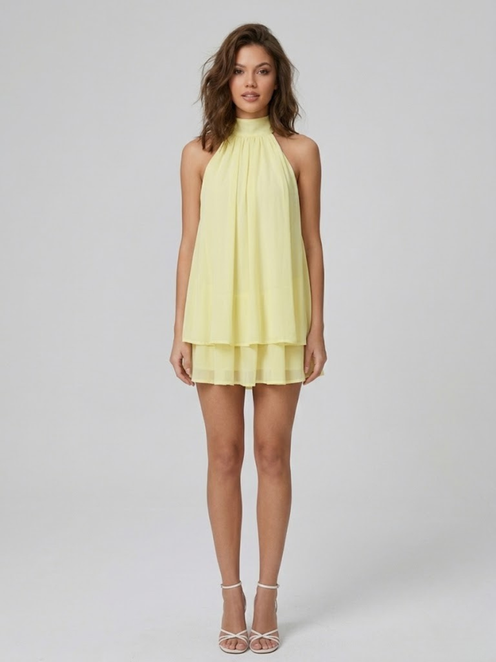 Short Halter Neck Backless Layered Ruffle Dress for Women