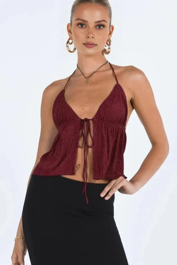 Halter Top Tie Front Y2K Textured Fringed Burgundy Summer Style