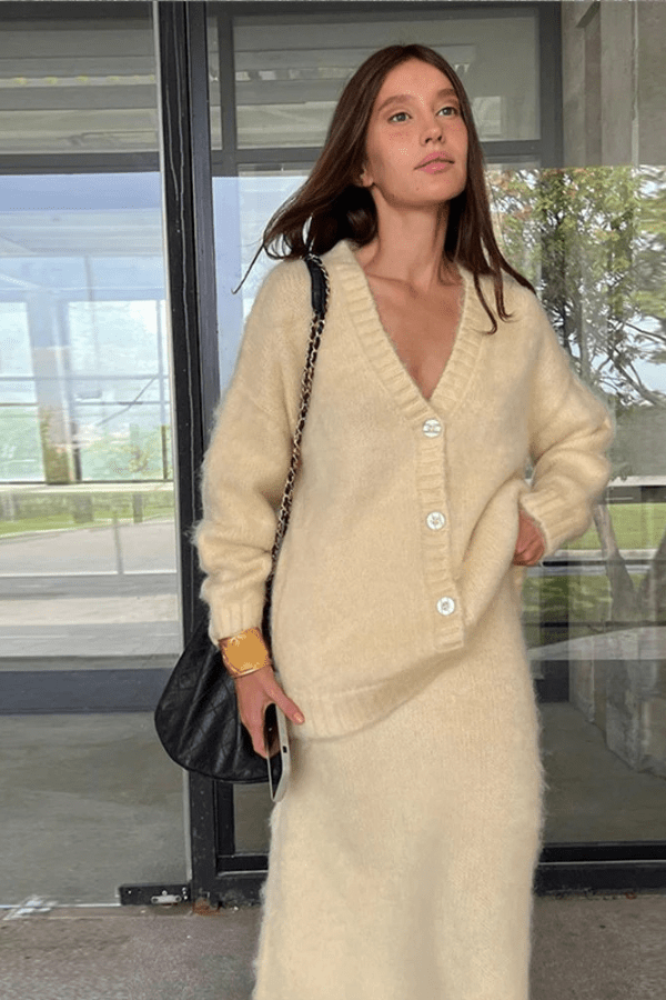 Two Piece Set Long Sleeve Button Top Maxi Skirt Elegant Style