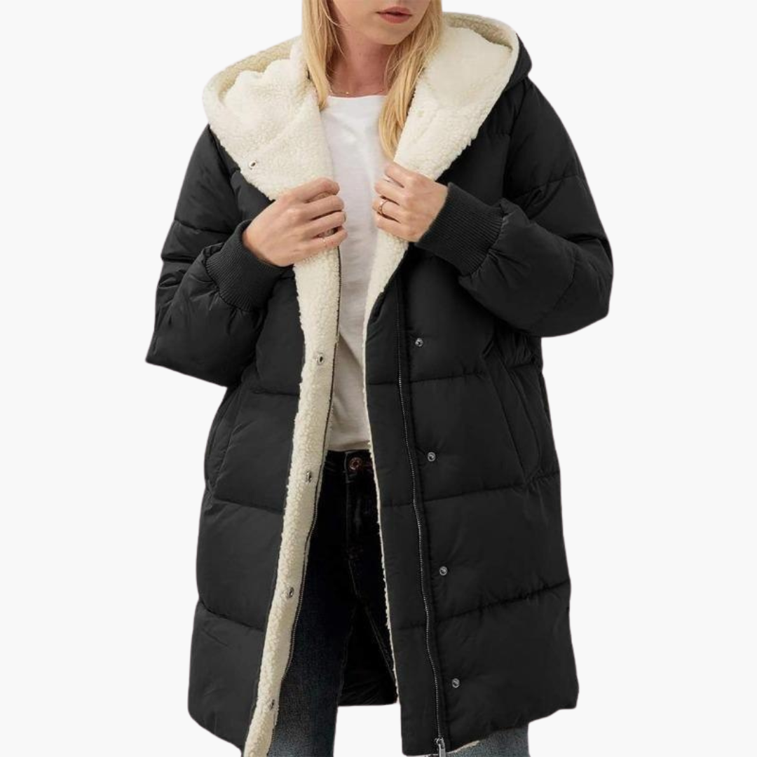 Womens Hooded Puffer Coat with Faux Fur Trim and Longline Fit