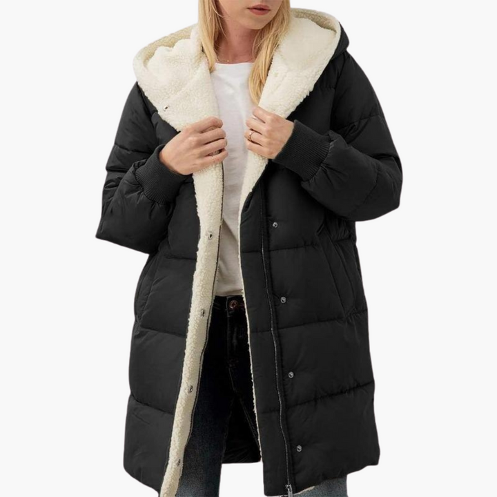 Womens Hooded Puffer Coat with Faux Fur Trim and Longline Fit