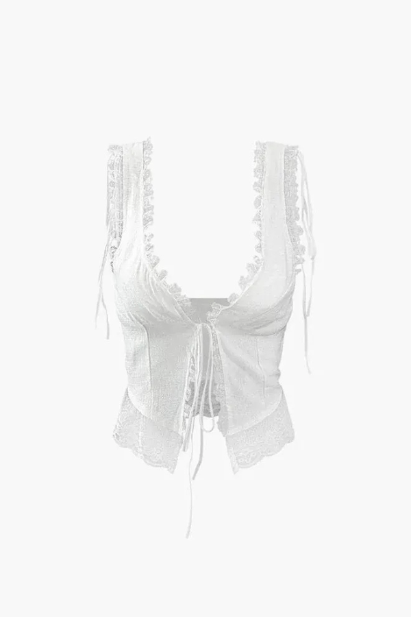 Plunge Lace Top Tie Front Cut Out Mesh Elegant Boho Statement Style