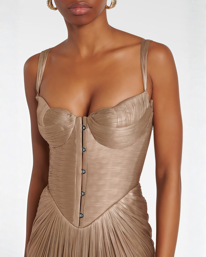 Womens Maxi Dress with Pleated Bustier Thin Straps and Lace Up Back
