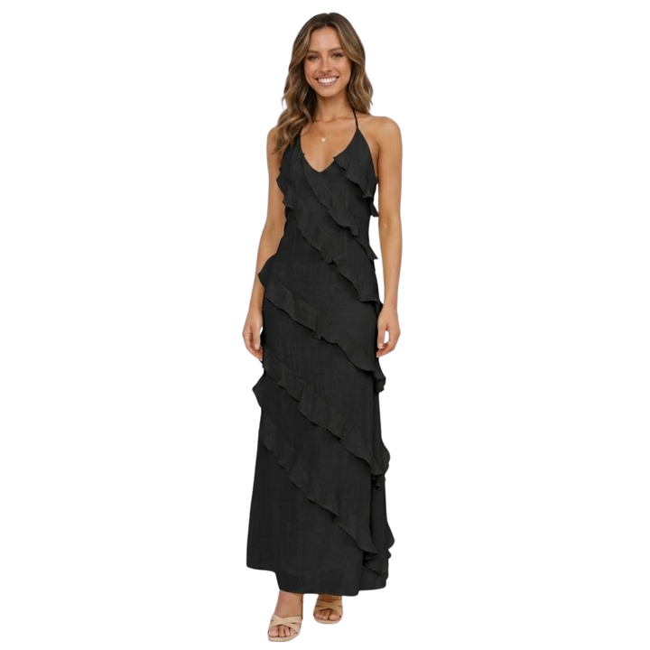 Maxi Dress Ruffle Detail V Neck Spaghetti Strap Elegant Style