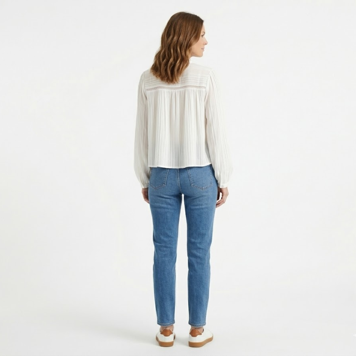 Blouse Long Sleeve Lace Detail V Neck Elegant Feminine Style