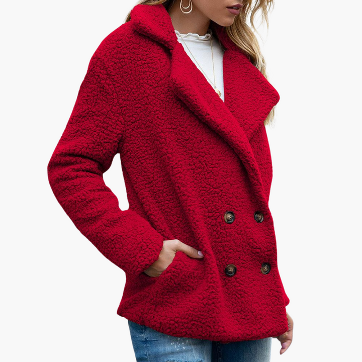 Womens Teddy Jacket with Notch Lapel Double Breasted Front and Relaxed Fit