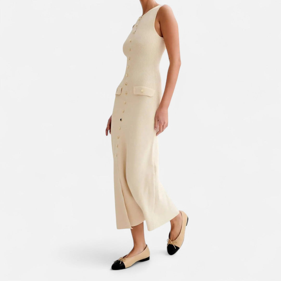 Knit Maxi Dress Button Detail Sleeveless Elegant Summer Style