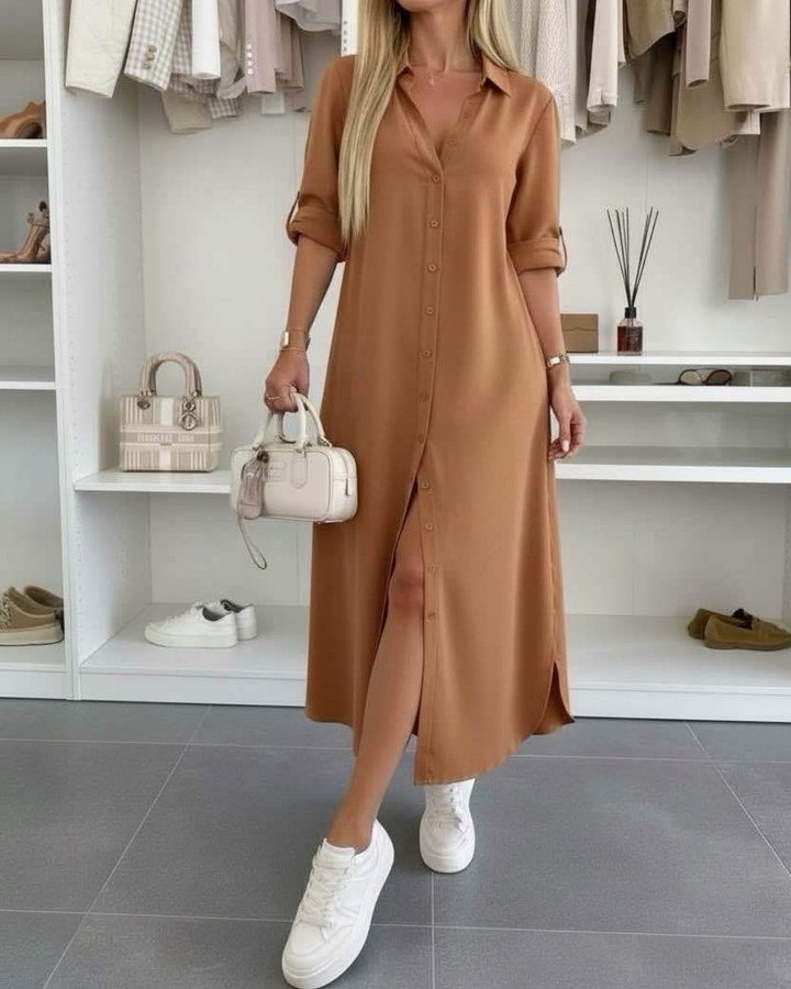 Button Midi Dress Elegant Relaxed Fit Timeless Feminine Style