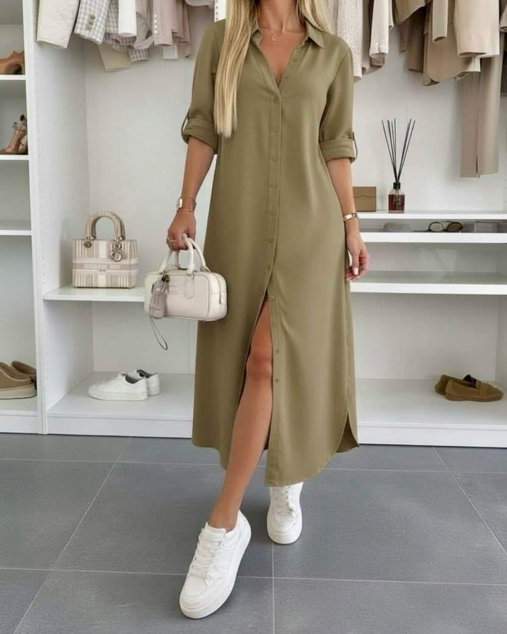 Button Midi Dress Elegant Relaxed Fit Timeless Feminine Style