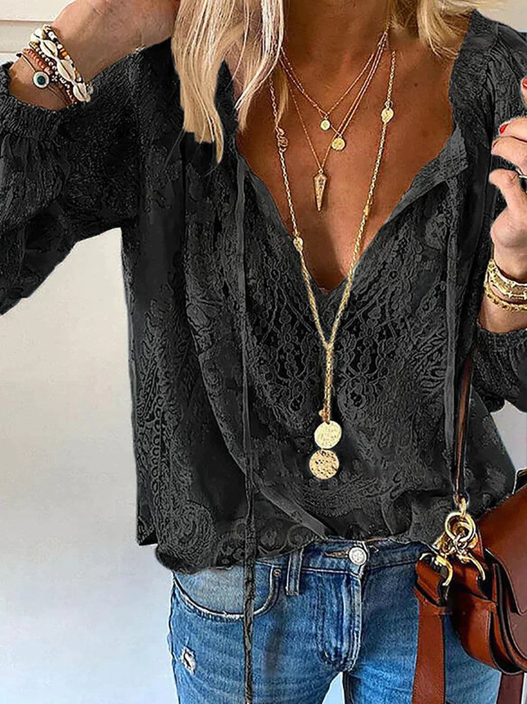 Blouse Lace Detail Tie Neck Relaxed Fit Boho Style