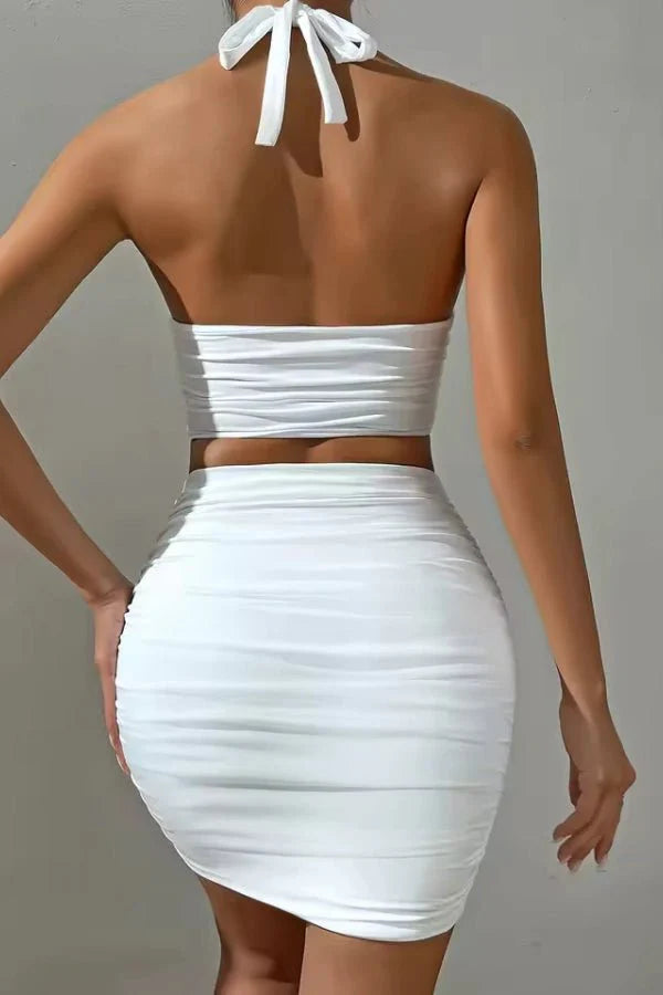 Two Piece High Neck Crop Top and Ruched Mini Skirt Set – Sleek Bodycon Style
