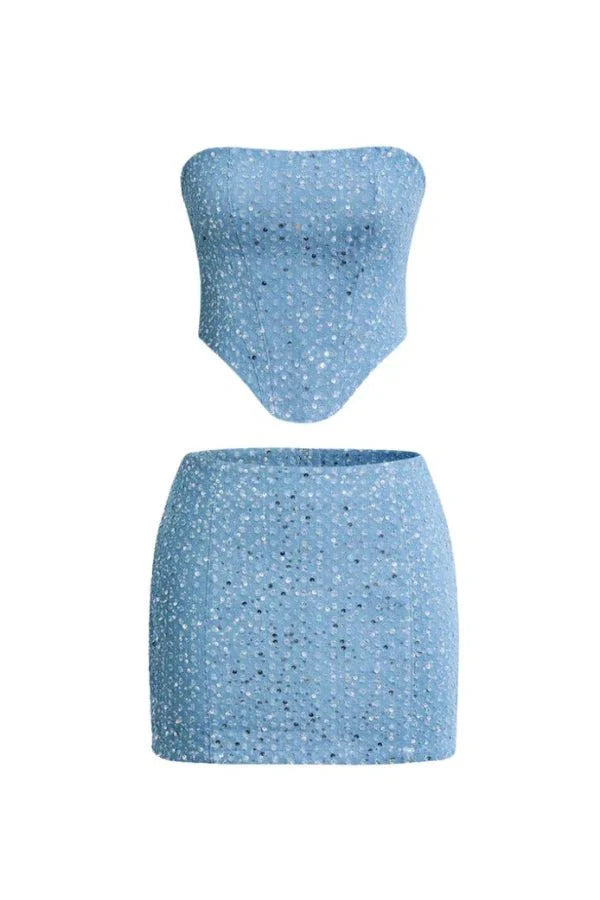 Two Piece Sequin Bandeau Top and Mini Skirt Set – Party Glam Style