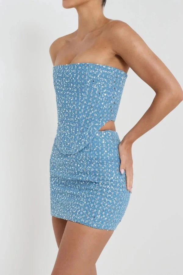 Two Piece Sequin Bandeau Top and Mini Skirt Set – Party Glam Style