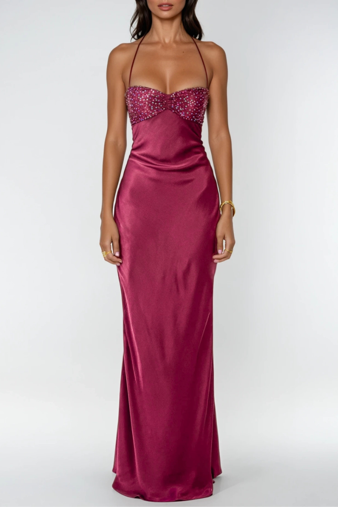 Long Dress Halter Neck Embellished Lace Back Straight Cut for Women