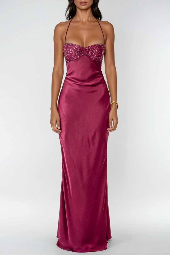 Long Dress Halter Neck Embellished Lace Back Straight Cut for Women