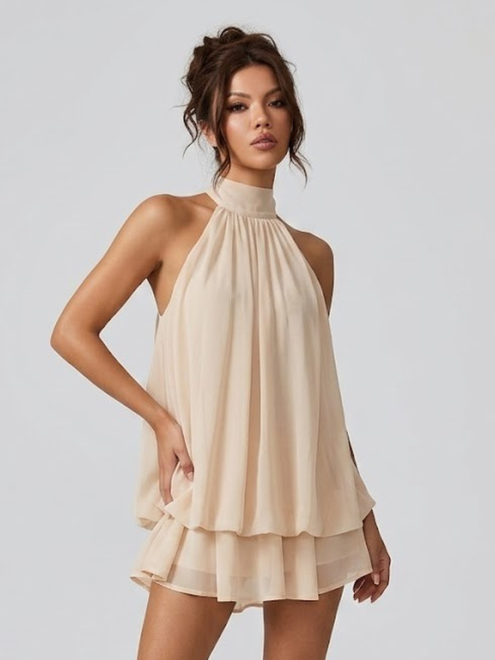 Short Halter Neck Backless Layered Ruffle Dress for Women