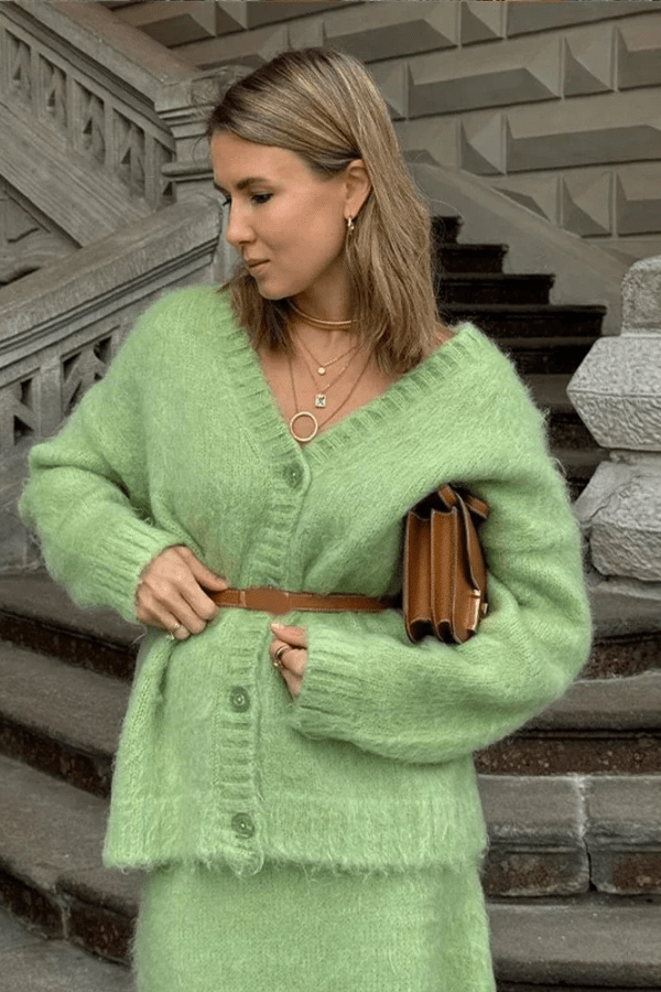 Two Piece V-Neck Knit Cardigan and Maxi Skirt Set – Elegant Co-Ord Style