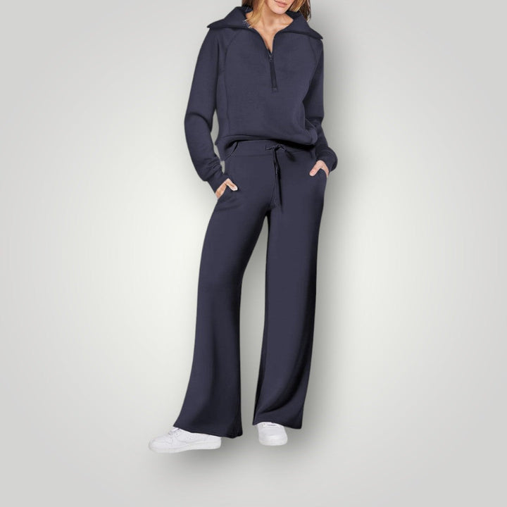 Two Piece Set Zip Neck Sweatshirt Wide Leg Trousers Luxe Lounge Style
