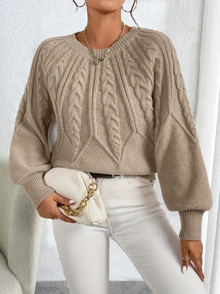Womens Cable Knit Jumper with Round Neck and Balloon Sleeves