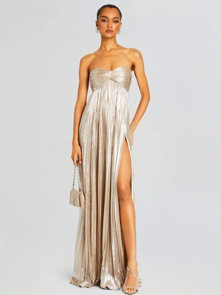 Long Strapless Dress for Women with Twisted Bodice and High Slit