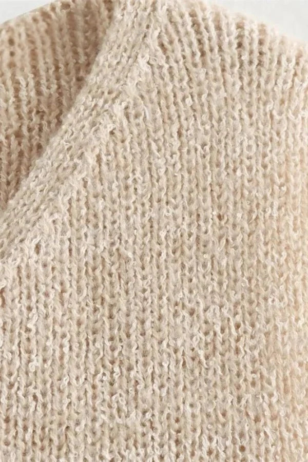 Sleeveless Knit Vest Button Front V Neck Beige Elegant Casual Style
