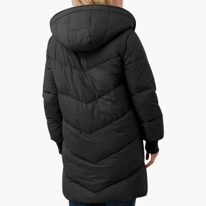 Womens Hooded Puffer Coat with Faux Fur Trim and Longline Fit